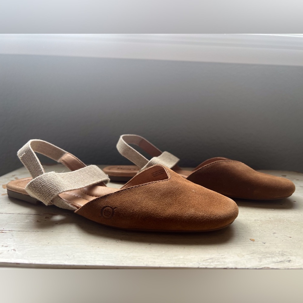 BORN® Coco Slingback Comfort Flat Cognac Brown Suede with Beige Straps Size 9M - Picture 2 of 11